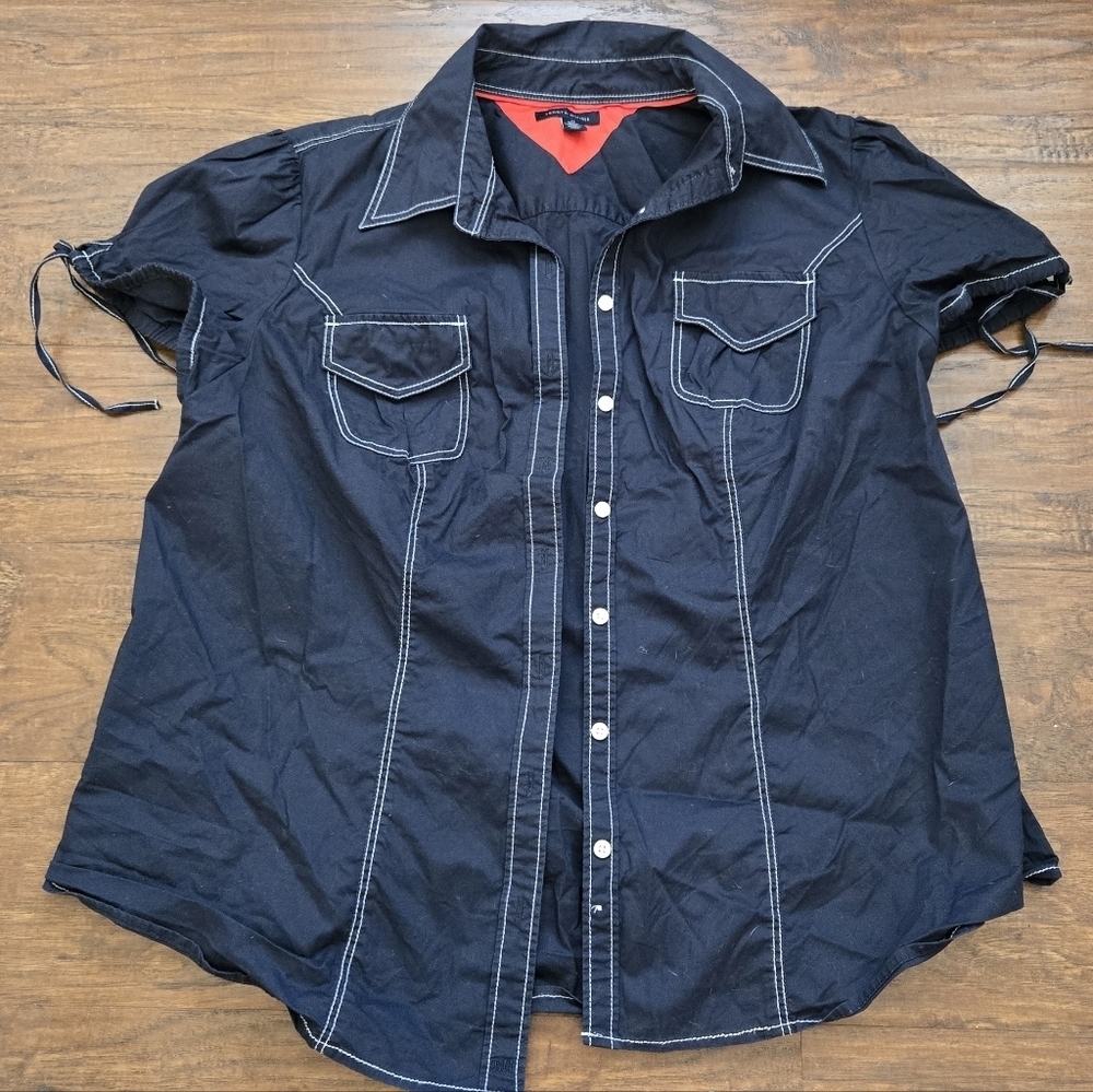 TOMMY HILFIGER Sz 14 collared top Cap Sleeve Buttons Cotton Spandex Blue Pocket